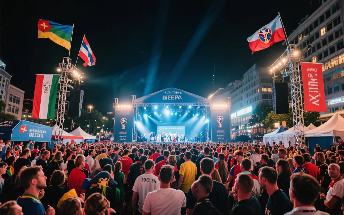 球迷在城市公共观赛区与街区活动中欢聚的示意图